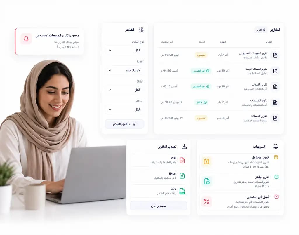 واجهة تقارير Taloo تعرض تقارير مجدولة وجاهزة للتصدير مع فلاتر وتنبيهات