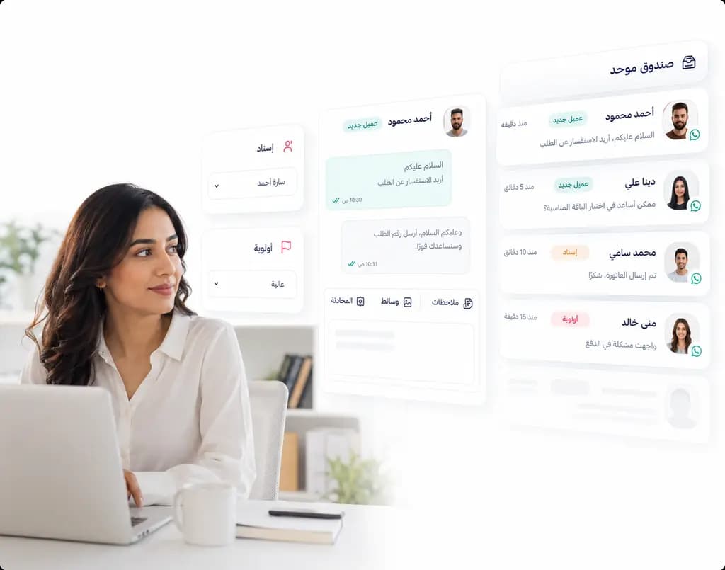 صندوق وارد موحد يعرض محادثات واتساب مع الإسناد والأولوية داخل Taloo